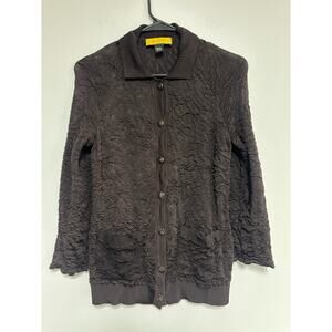 St. John cardigan sweater button brown crinkly textured viscose minimalist 2